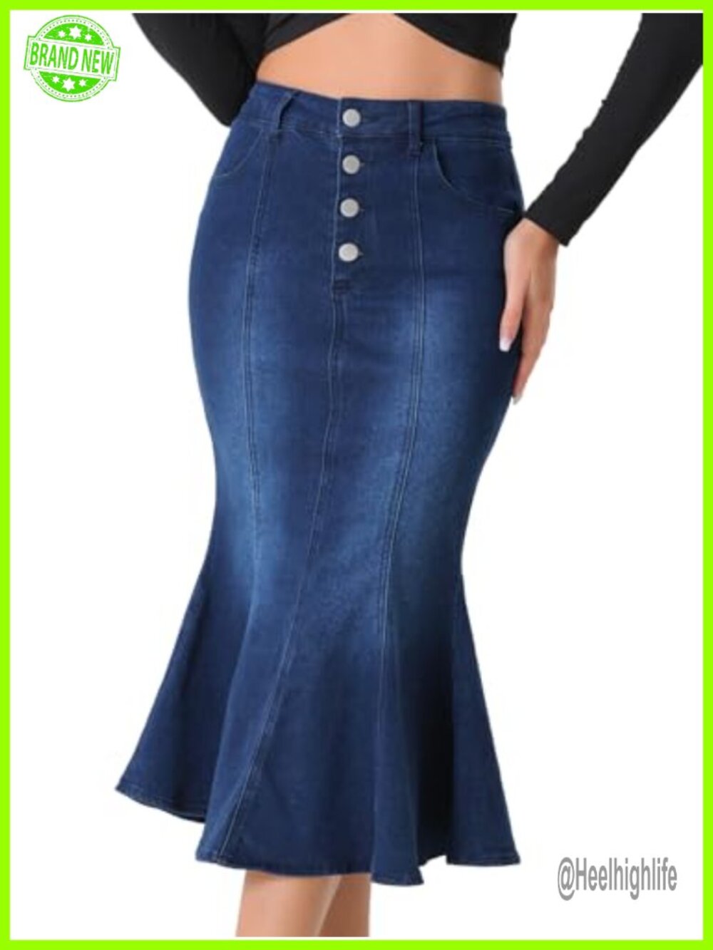 Fishtail Hem Midi Denim Skirt High Rise Mermaid Silhouette